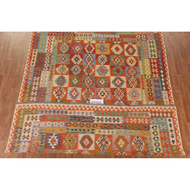 Hand Woven Oriental 100% Wool Carpet Southwestern Geometric Multi-Colored Kilim Area Rug - 12' 8'' X 9' 7''