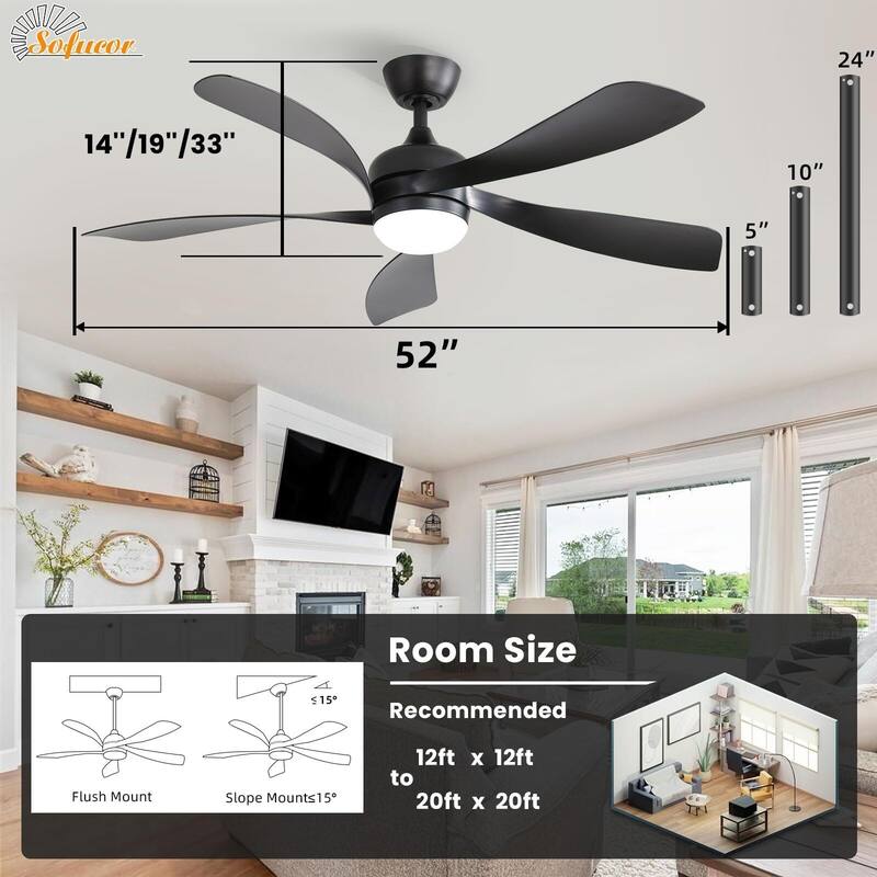 52 Inch Ceiling Fan with Remote & Lights Quiet DC Motor 5 Blade High CFM Modern Fan