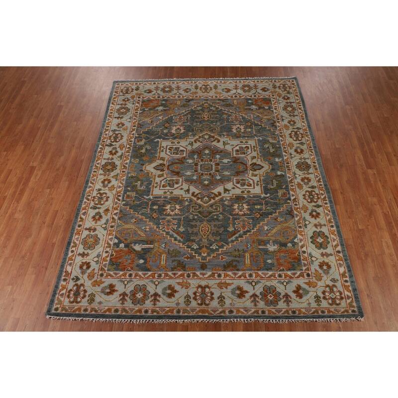 Geometric Grey Heriz Serapi Rug Hand-Knotted Traditional Wool Carpet - 8'1"x 9'11"