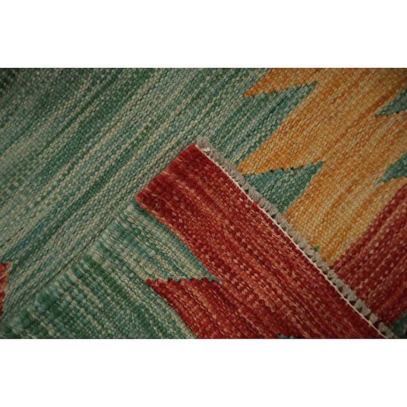 Hand Woven Oriental 100% Wool Carpet Southwestern Geometric Green Kilim Area Rug - 9' 11'' X 8' 4''