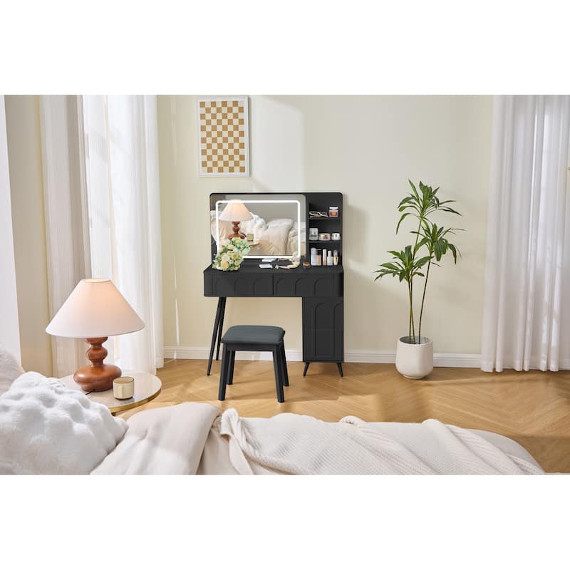 Homy Casa Modern Makeup Vanity Desk with LED Mirror & 4 Drawers