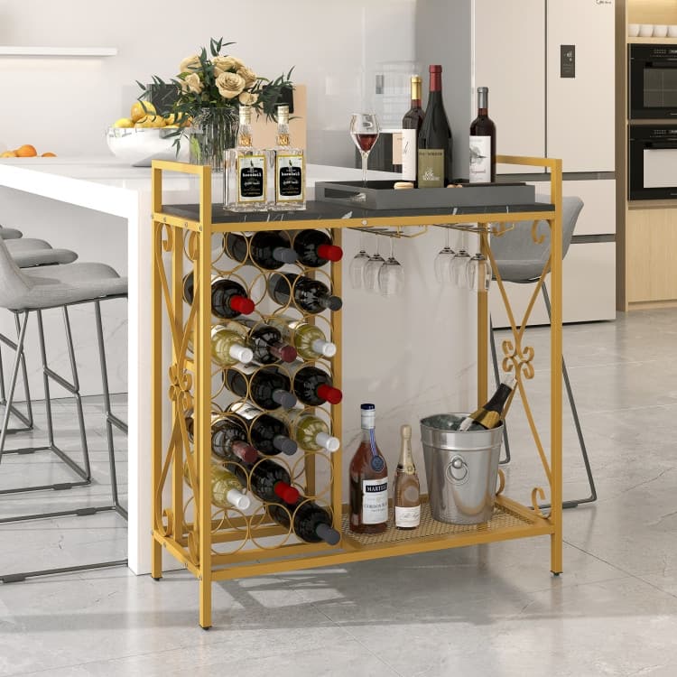 21 Bottle Wine Rack Floor Stand with Glass Holder and Storage Shelf