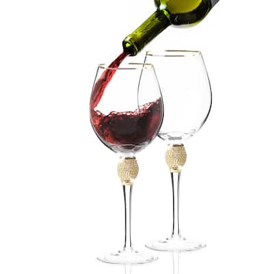 Berkware Red Wine Glass with Rhinestone Design Gold or Silver Rim