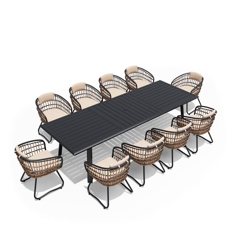 7/9/11-Piece Set Outdoor Aluminum Dining Table with Umbrella Hole and PE Rattan Chairs - Beige - Set of 11