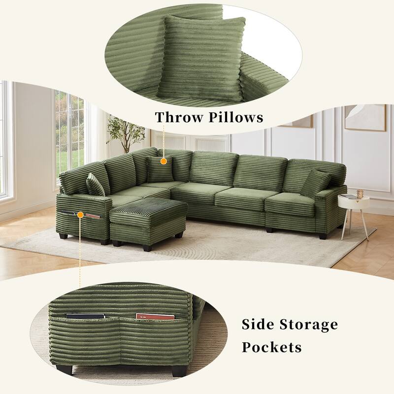 Corduroy U-Shaped Sectional Sofa 125.2" Upholstered Sofa with Movable Footstool and Side Storage Pockets, Pillow