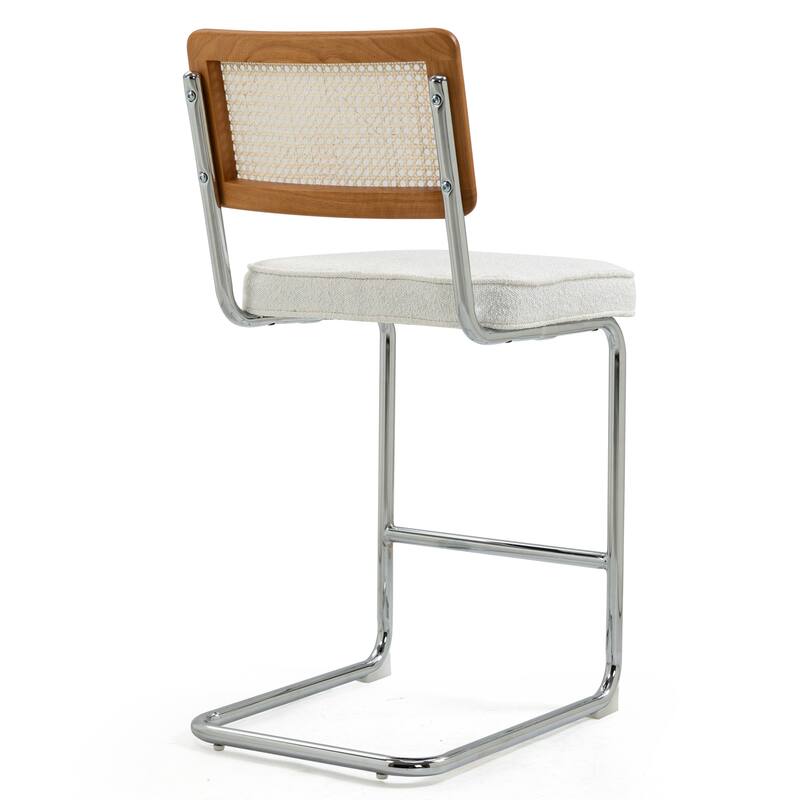 Set of 2 Ayers White Fabric Counter Stool with Rattan Backrest and Chrome Legs