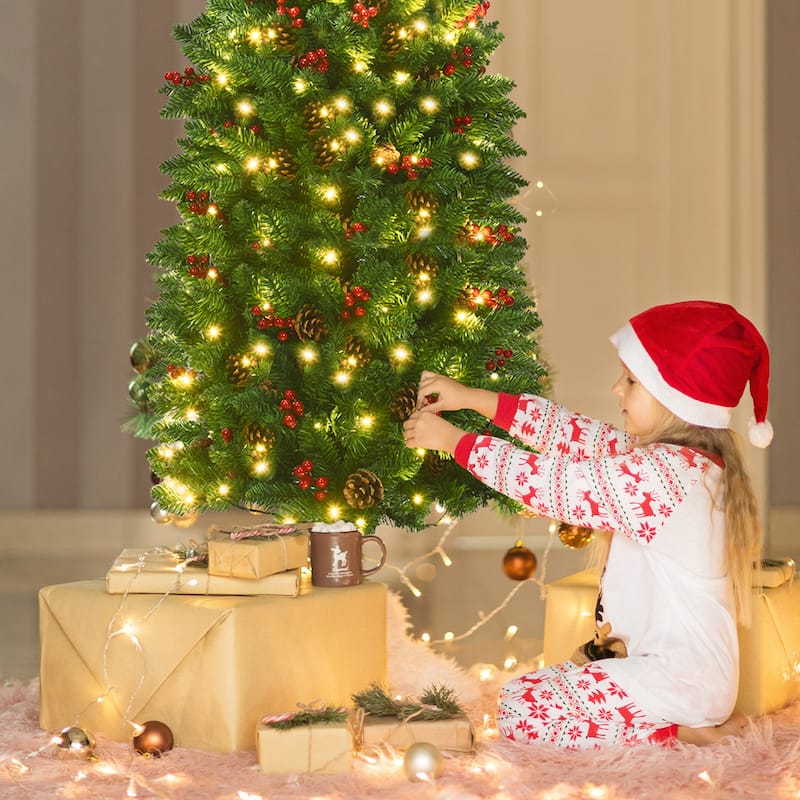 Gymax 4.5Ft Pre-Lit Pencil Christmas Tree Hinged Artificial Slim Tree - See Details