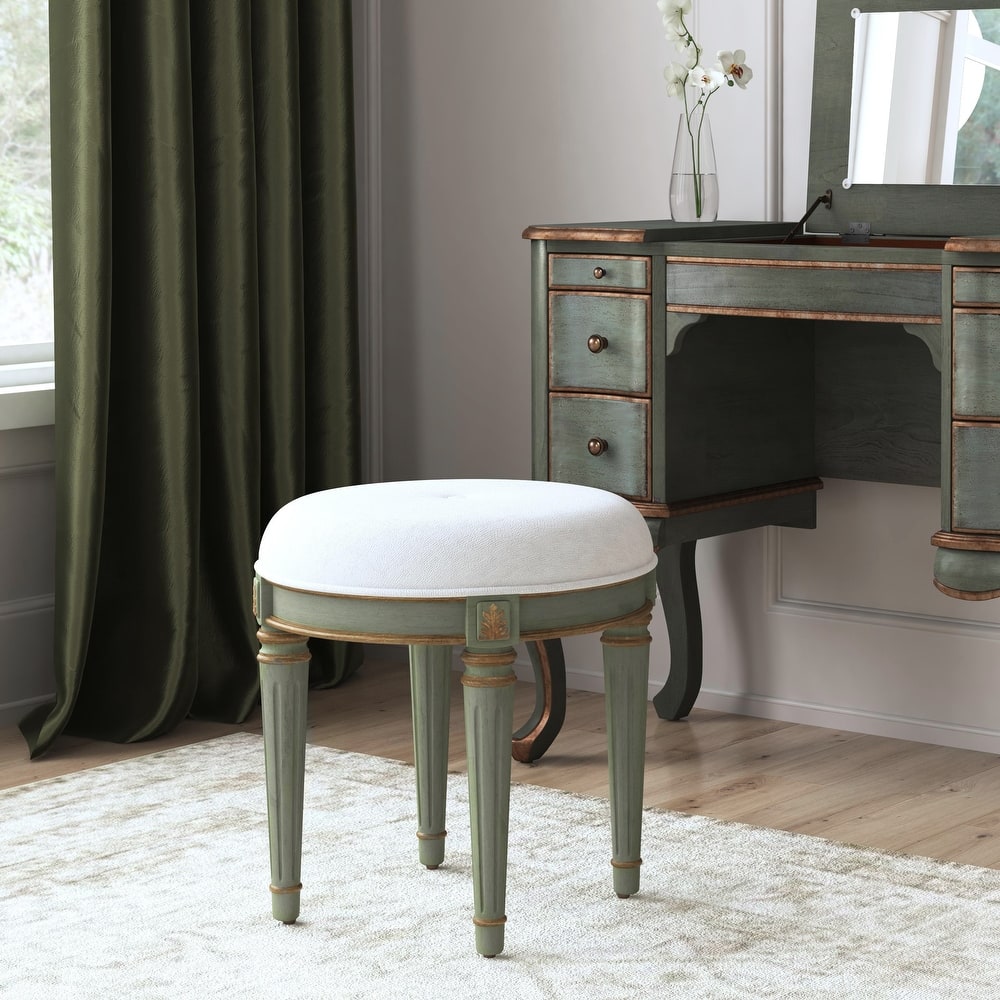 Bernadette 18.5 in. Seat Height Round Upholstered and Wood Traditional Vanity Stool