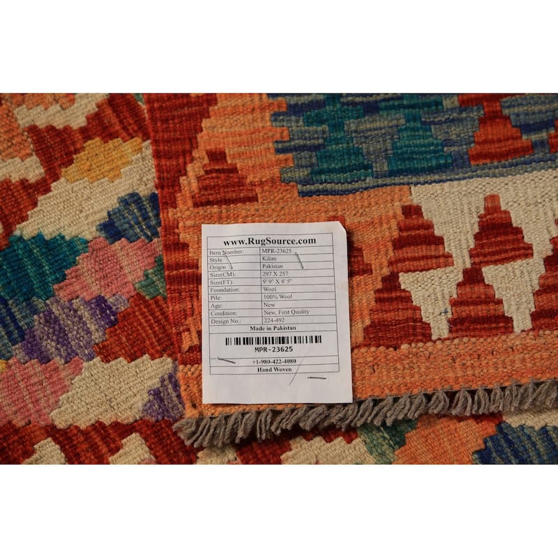 Geometric Kilim Oriental Rug Hand-Woven Multi-Color Wool Carpet - 8'5"x 9'9"