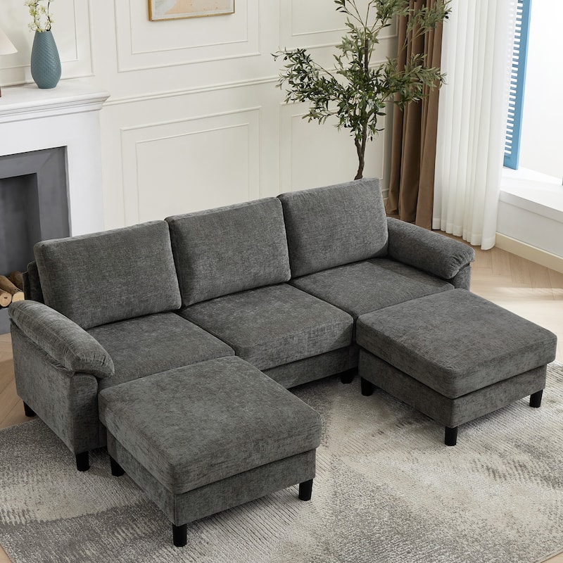 L-Shaped Chenille 3-Seat Modular Sectional Sofa with 2 Ottomans