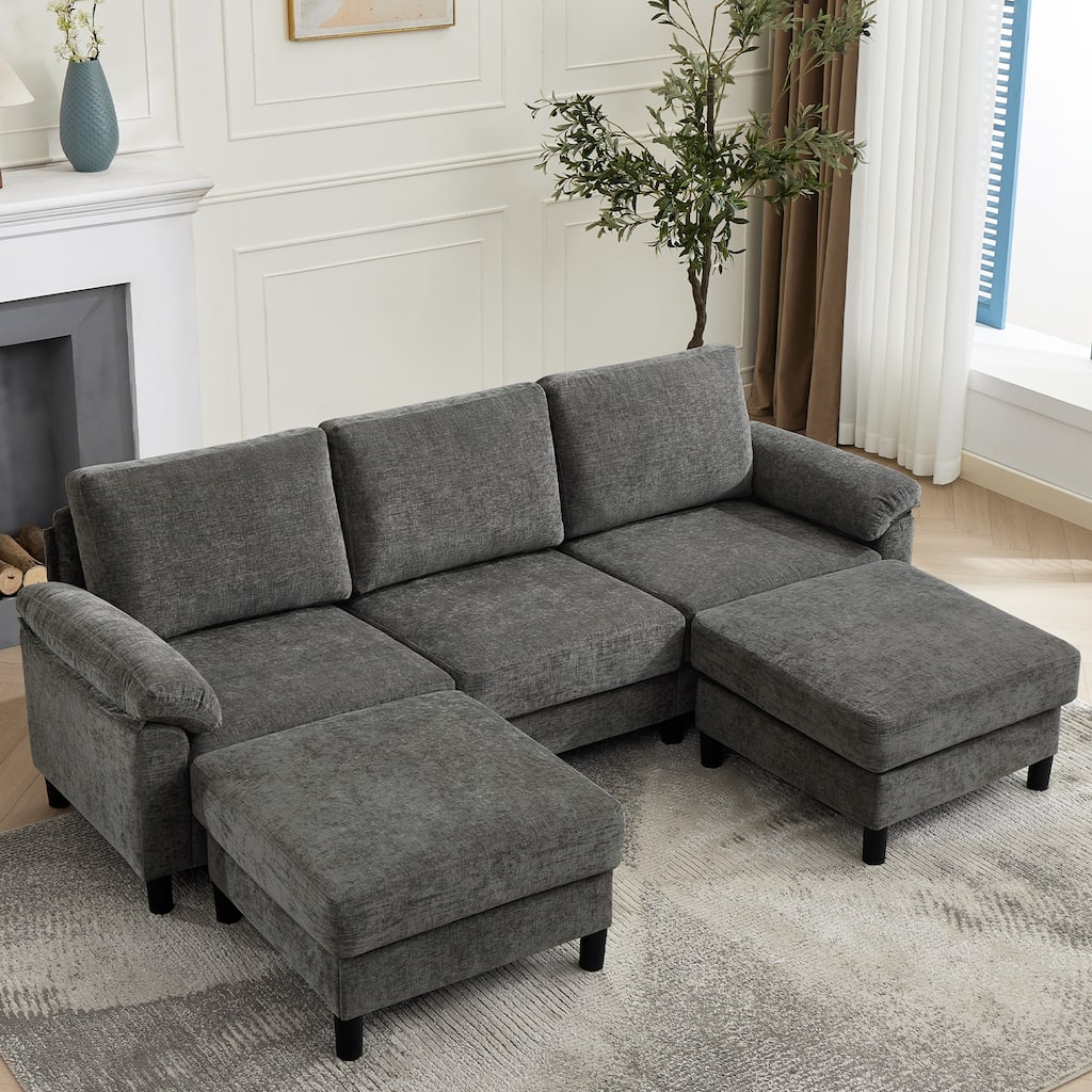 L-Shaped Chenille 3-Seat Modular Sectional Sofa with 2 Ottomans