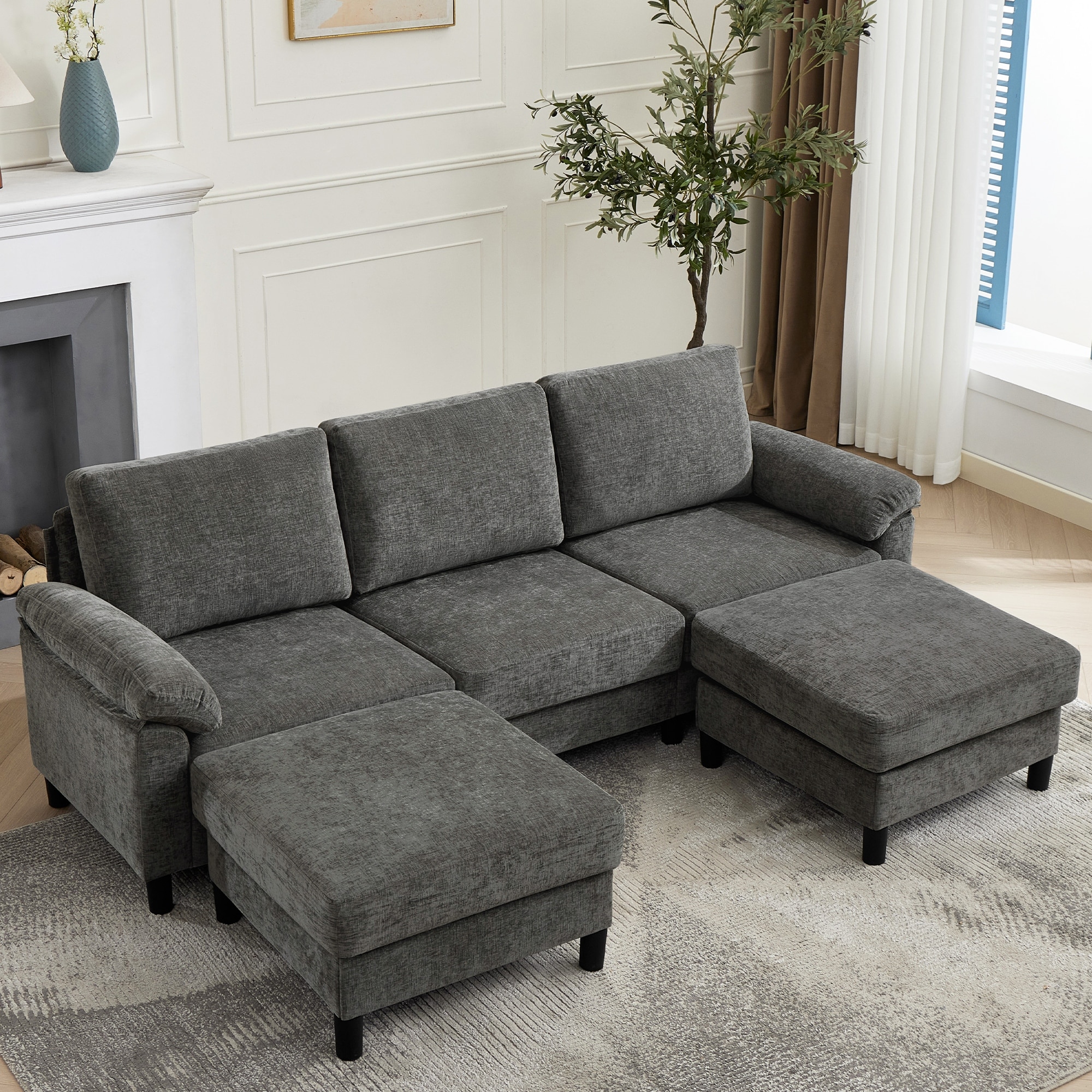 L-Shaped Chenille 3-Seat Modular Sectional Sofa with 2 Ottomans