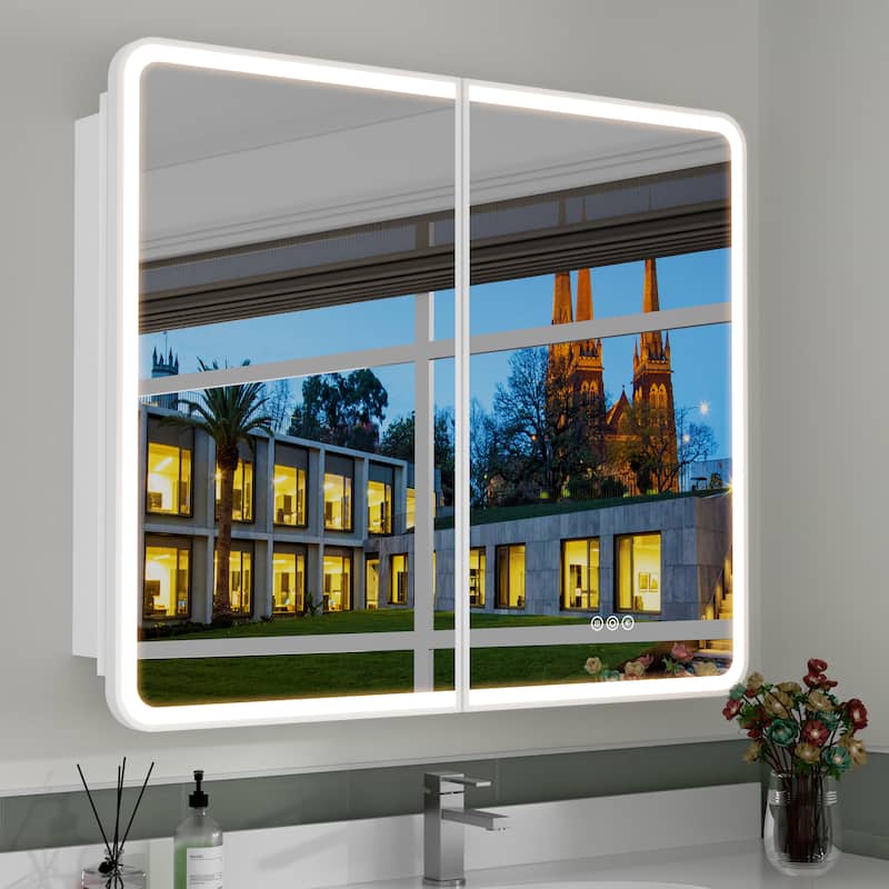 Milo LED Iron Medicine Cabinet with Mirror, Dimmable, Anti-fog, Adjustable Glass Shelves, Recessed or Surface Mount - 32"W x 30"H - White