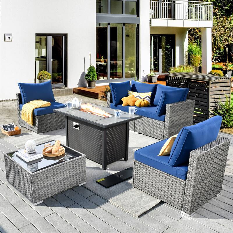 XIZZI 6-piece Patio Furniture Set Outdoor Sectional Rattan Sofa with Firepit - Navy Blue