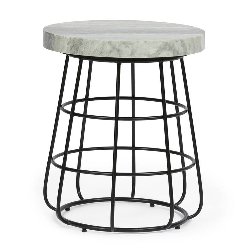 Roomfitters Round Marble Top End Table, Modern Side Table with Black Wire Base, Small Sofa Table for Living Room, Gray Marble