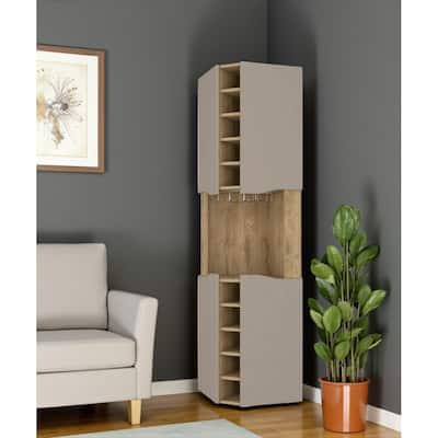 HomeRoots 72" Brown and Taupe Wood Corner Bar Cabinet With Four Doors