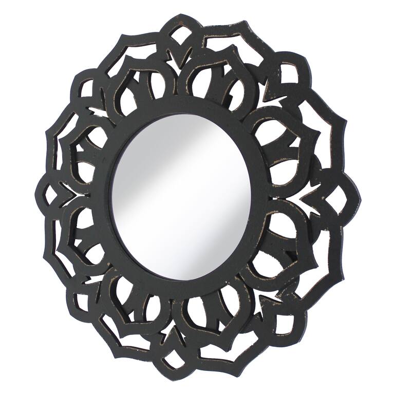 Wooden Mirror Blooming Lotus Wall Decor Set of 2 with Floral Engraving, Black