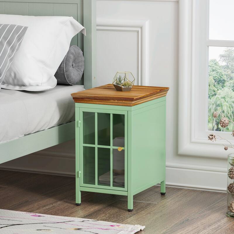 Chic Nightstand with Storage Cabinet & Solid Wood Tabletop