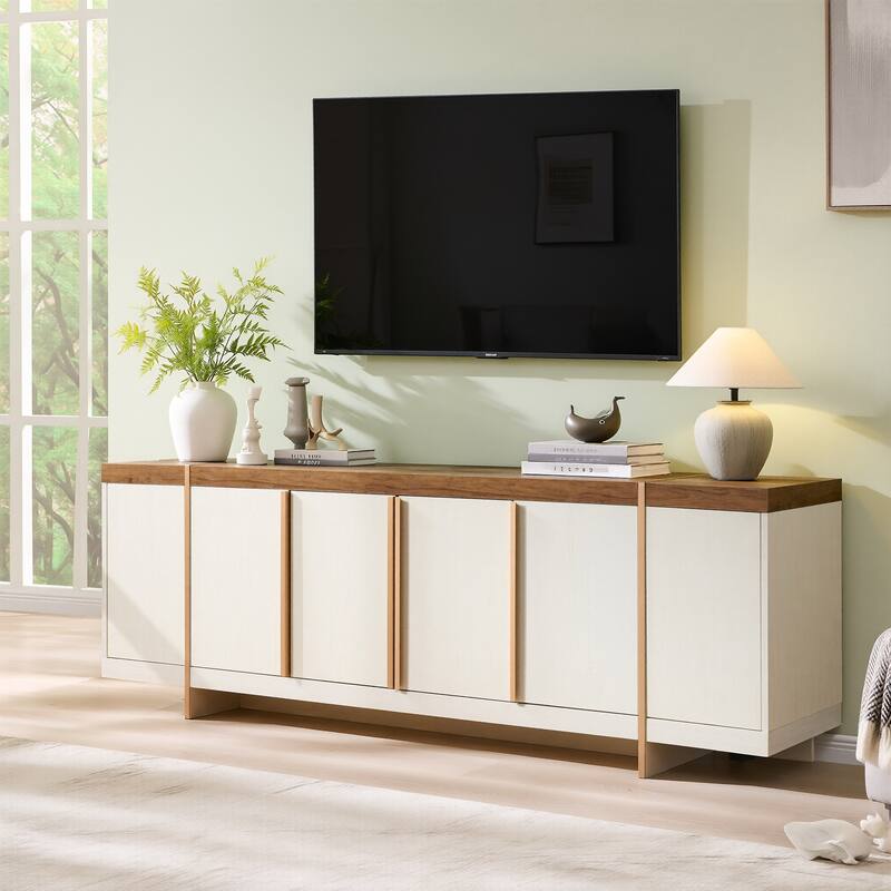 Modern 70" TV Stand, Entertainment Center, Handle-Free Hidden Design - Antique White