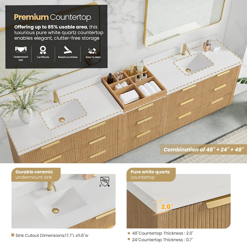 Santarem Double Vanity with Pure White Quartz Stone Top without Mirror