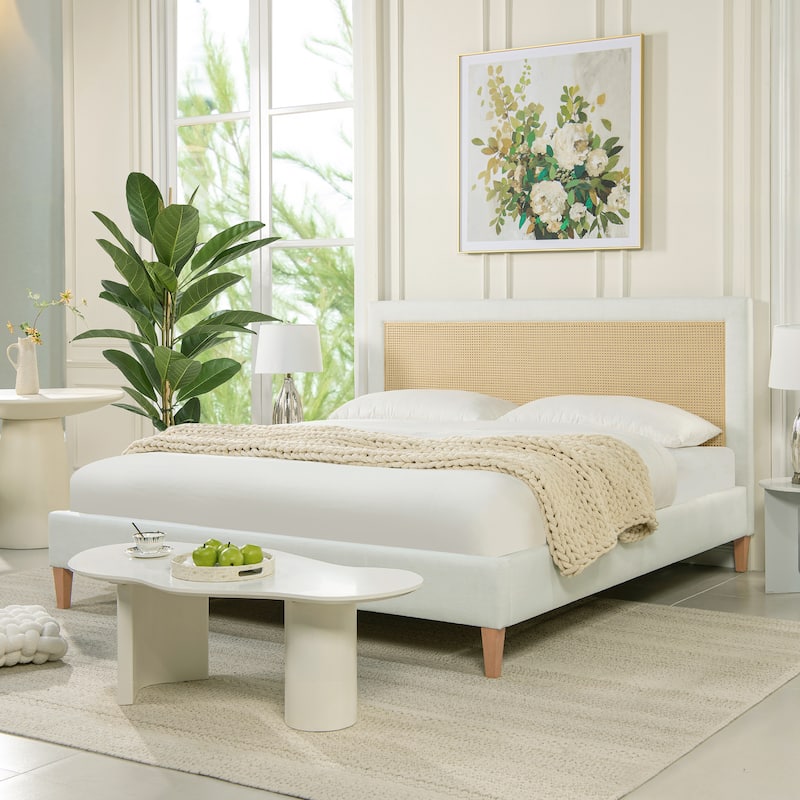 Haley Upholstered Rattan Cane-Back Platform Bed - Snow White Polyester - King