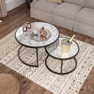 Set of 2 round coffee tables with metal frame and glass top table - Bed ...