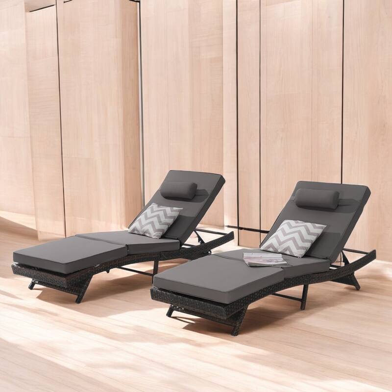 Adjustable Wicker Lounge Chair Set of 2 - Reclining Sunbathing Chairs with Cushions, All-Weather PE Rattan for Patio & Garden - Dark Gray