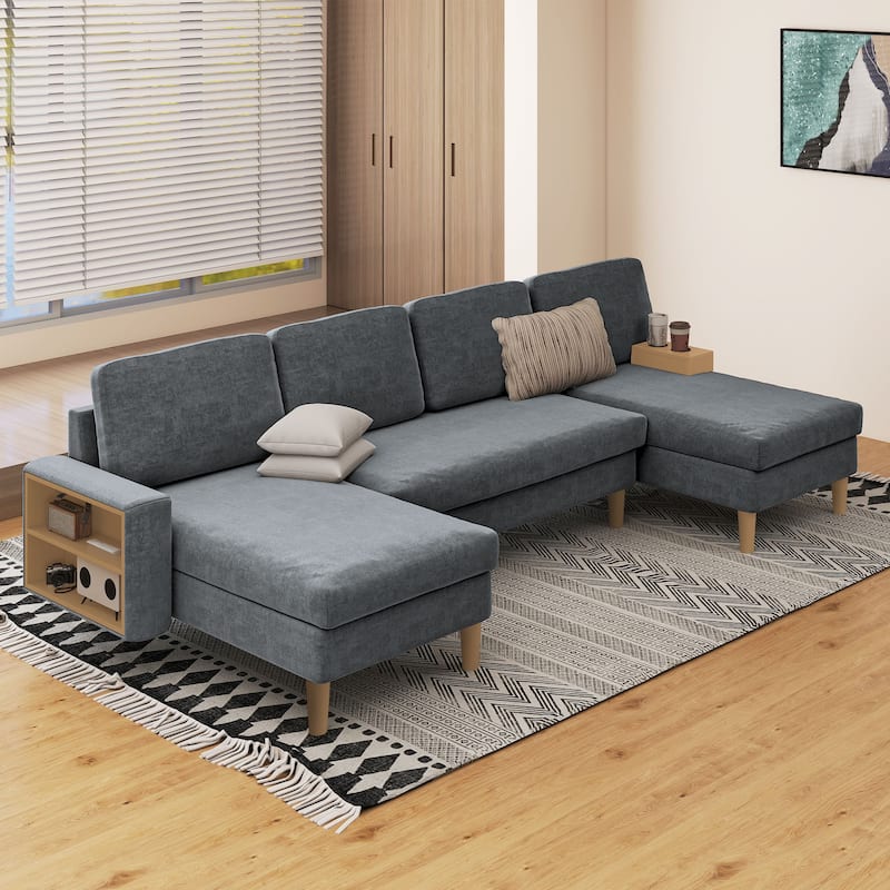 Moasis 109'' U-Shape Sectional Sofa Couch, 4 Seat Sofa Set with Double Chaise, Armrests w/ Cup Holder/Storage, 4 Thick Cushions,