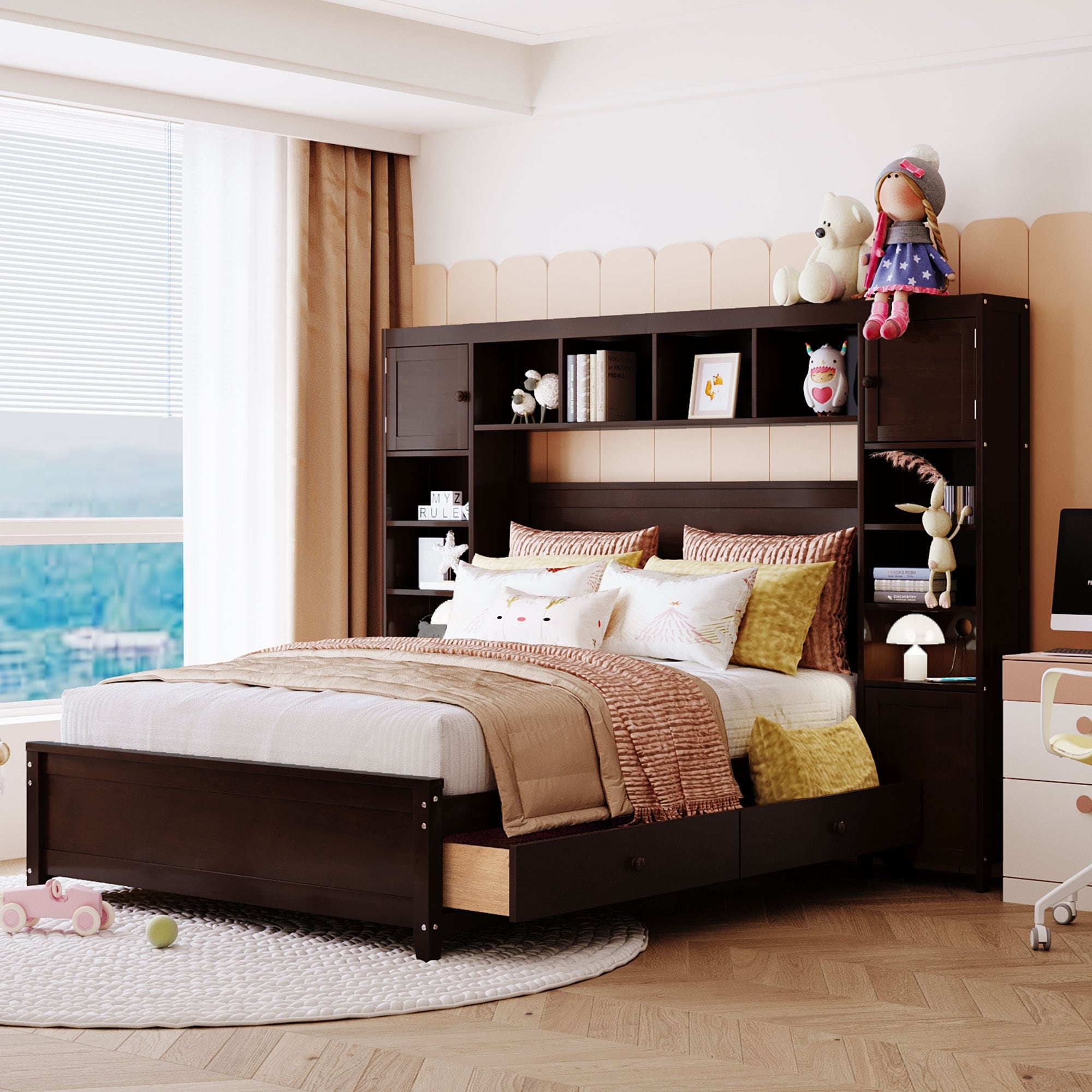 Full Size Wooden Platform Bed with Storage Cabinet Headboard and