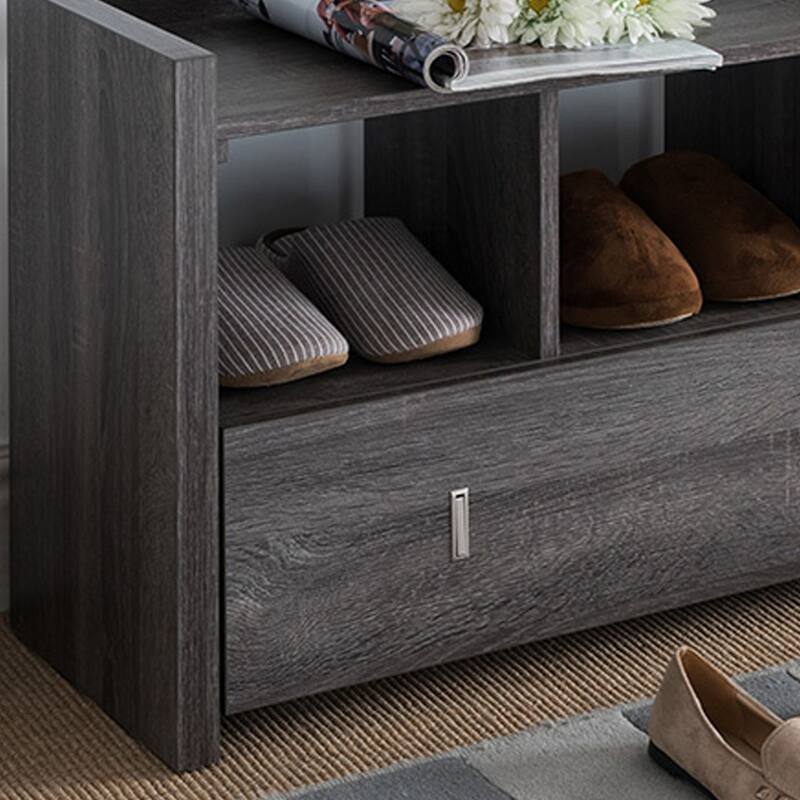 Shoe Entry Bench with Three Shelves, One Drawer with Divided Compartment- Distressed Grey