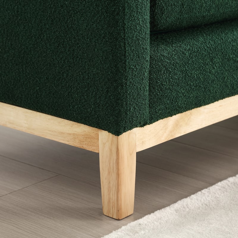 Boucle Fabric End of Bed Bench, Upholstered Bedroom Entryway Bench, Ottoman Bench with Wood Legs & 2 Round Pillows