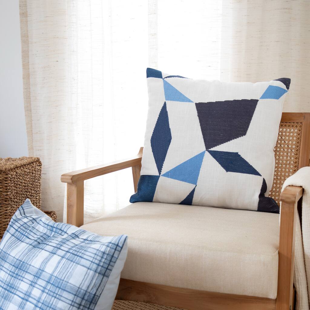 Handwoven Geometric Square Throw Pillow Cover - 24" - Cream and Blue