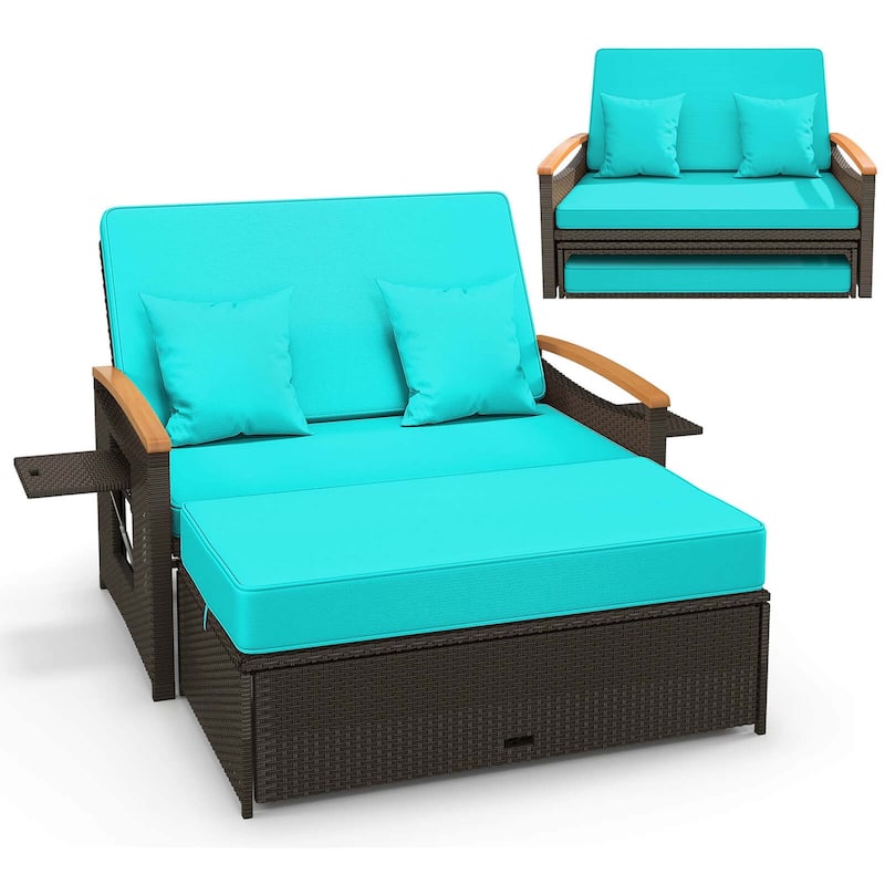Patio Rattan Daybed Set with Cushioned Loveseat & Storage Ottoman - Turquoise