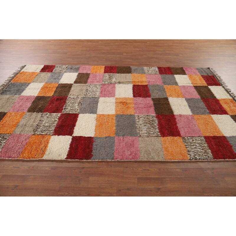 Hand Knotted Oriental 100% Wool Carpet Modern All-Over Multi-Colored Moroccan Area Rug - 9' 4'' X 5' 8''