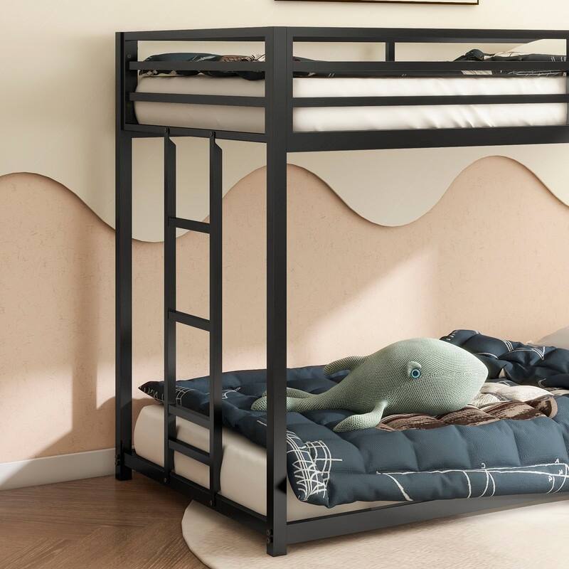 Twin over Twin Size Metal Bunk Bed with Ladder and Guardrails
