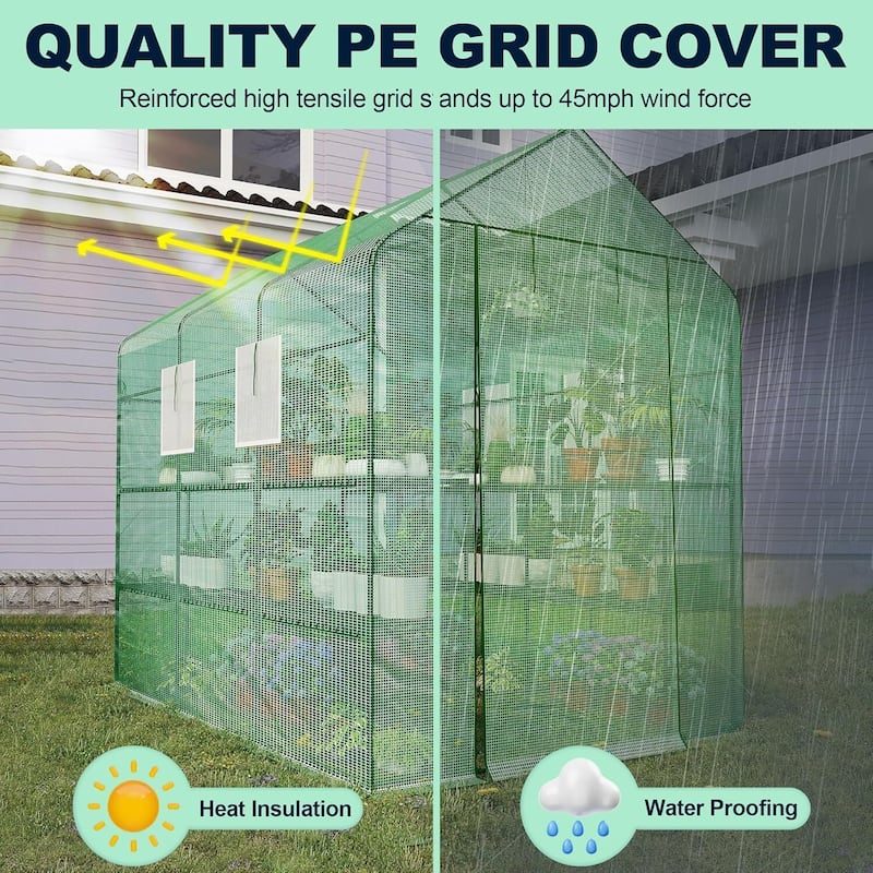 57" w x 85" l x 77" h 3-Tier Heavy Duty Walk-in Garden Portable Greenhouse for Outdoor Plants, Green