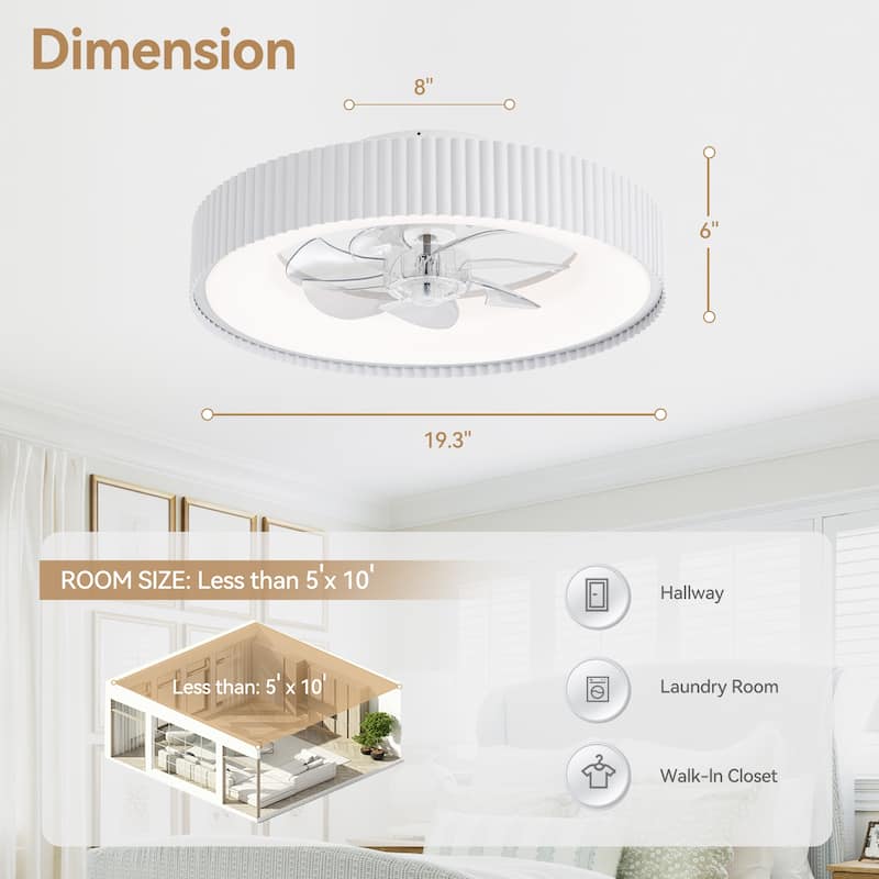 19.3" White Flush Mount 7-Blade Ceiling Fan with Remote and Dimmable LED Light, Stepless Color Temperature