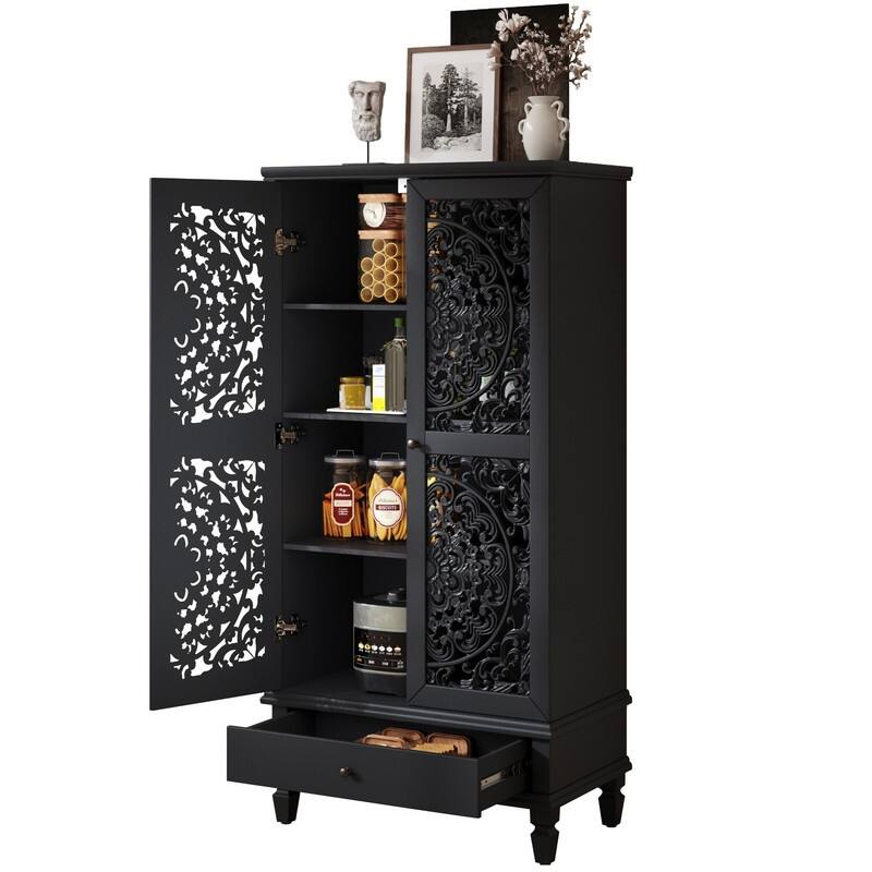 Rustic 55" Tall Storage Cabinet with Drawer, Decorative Carved Wood Accent for Living Room or Dining Area