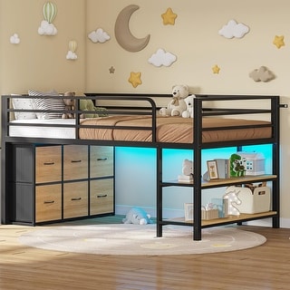 Twin Size Low Loft Bed 6 Fabric Storage Drawers LED Lights Twin Over Twin Bunk Bed