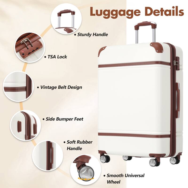 Hardshell Luggage Sets with Bags Lightweight Suitcase Double Spinner Wheels with TSA Lock ,Single Vintage Luggage 24 IN - White