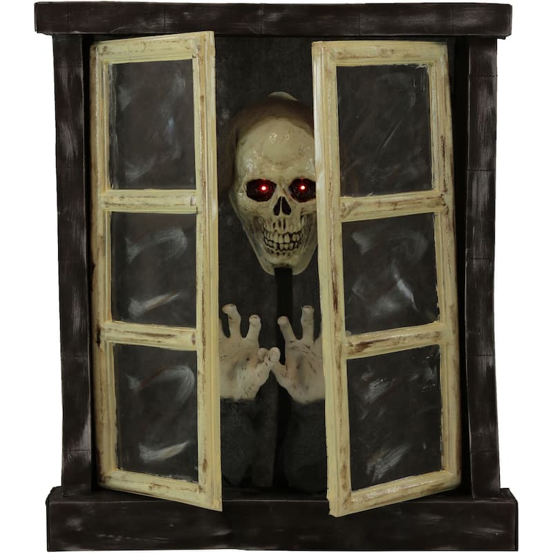 Haunted Hill Farm 2.8-ft. Animated Window with Skeleton, Indoor/Covered Outdoor Halloween Decoration, Flashing Red Eyes