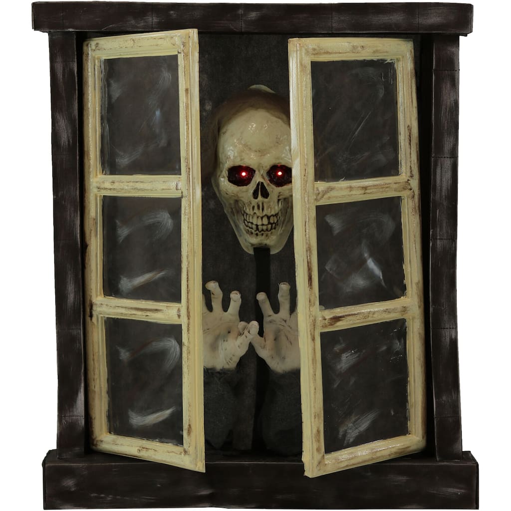 Haunted Hill Farm 2.8-ft. Animated Window with Skeleton, Indoor/Covered Outdoor Halloween Decoration, Flashing Red Eyes