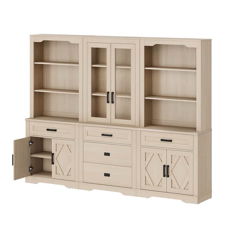3-Column 73.3" Tall Bookshelf Set with Open Storage and Glass Doors