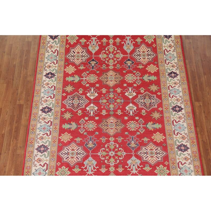 Hand Knotted Oriental 100% Wool Carpet Traditional All-Over Red Kazak Area Rug - 9' 6'' X 6' 8''