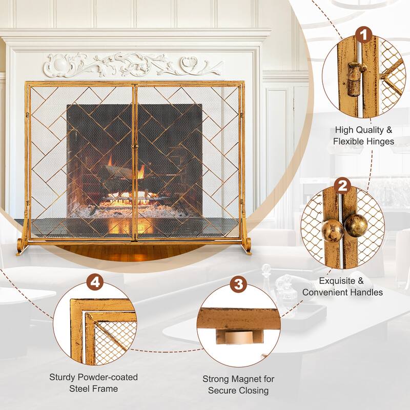 Costway 2-Panel Fireplace Screen w/ Double Door Fire Spark Guard - See Details