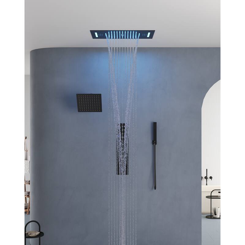 Dual Shower Heads System with 3 Spray Modes 22"*15" Ceiling and 6" Wall Mount Body Jets Handheld Spray LED Music - Matte Black