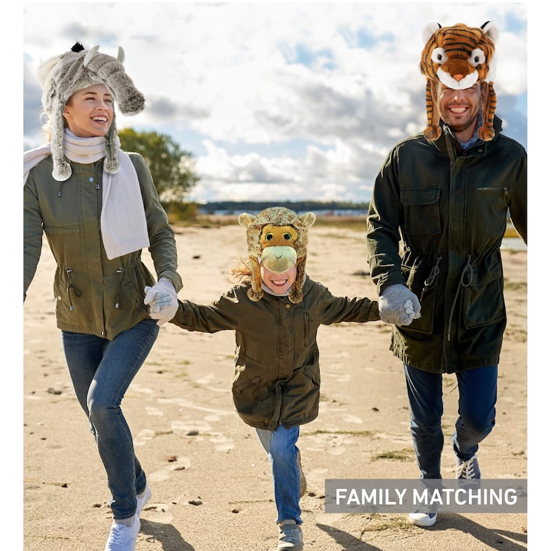 DolliBu Zoo Animal Plush Hat Set of 4 – Warm Hat with Ear Flaps - One Size