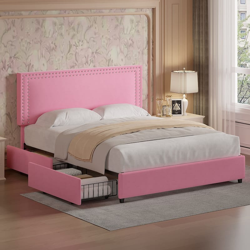 VECELO Upholstered Storage Bed Frames with 4 Storage Drawers Platform Bed Frame with Adjustable Velvet Rivets Headboard