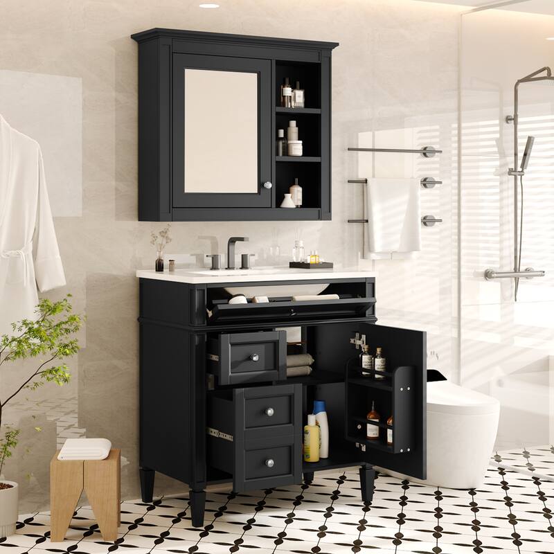 30" Bathroom Vanity with Top Sink, Modern Bathroom Storage Cabinet with 2 Drawers, Freestanding Vanity Set