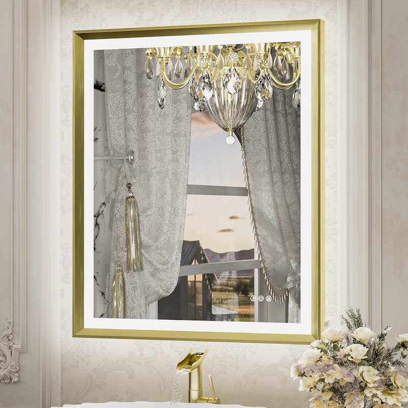 TETOTE LED Frontlit & Backlit Bathroom Vanity Wall Mirror, Metal Frame, Anti Fog, Dimmable - 30x36 - Gold
